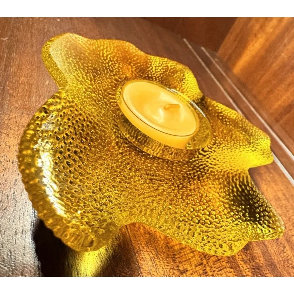 Amber Glass Leaf‎ Candle Holder MCM Style Textured Decor